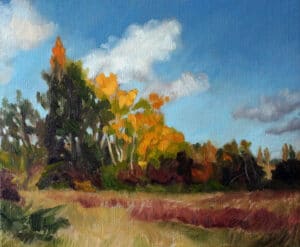 Original landscape oil painting - small copse of trees in South-West France, sunny autumn day