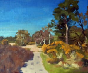 Original landscape oil painting - heathland, trees, yellow gorse - sunny day, blue sky
