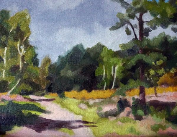 Original oil painting, Ludshott Common, landscape, colours greyish blue, green, yellow, pink.