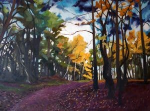 Original Paintings for Sale - landscape oil painting of Hankley Common in Surrey. Colours purple, yellow, green, black, blue. Shows a path through trees.