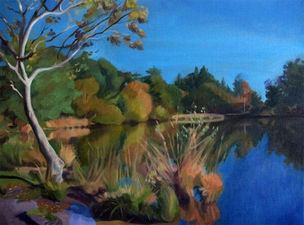Original Oil Painting of Moat Pond in Surrey. Colours blue, greens, ochres. Reflection on water, blue sky. trees.