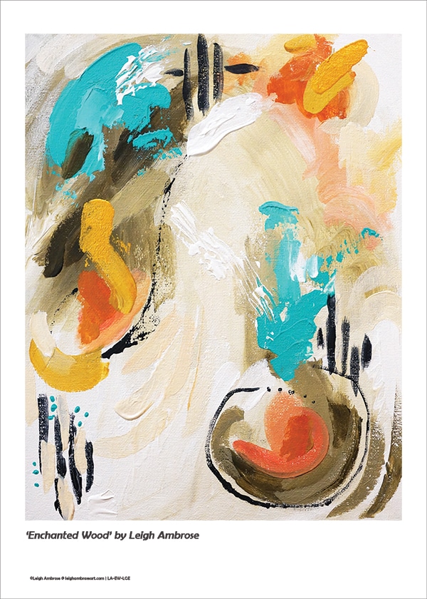 Large abstract print - colours neutrals, cream, black, brown, blue, red, gold
