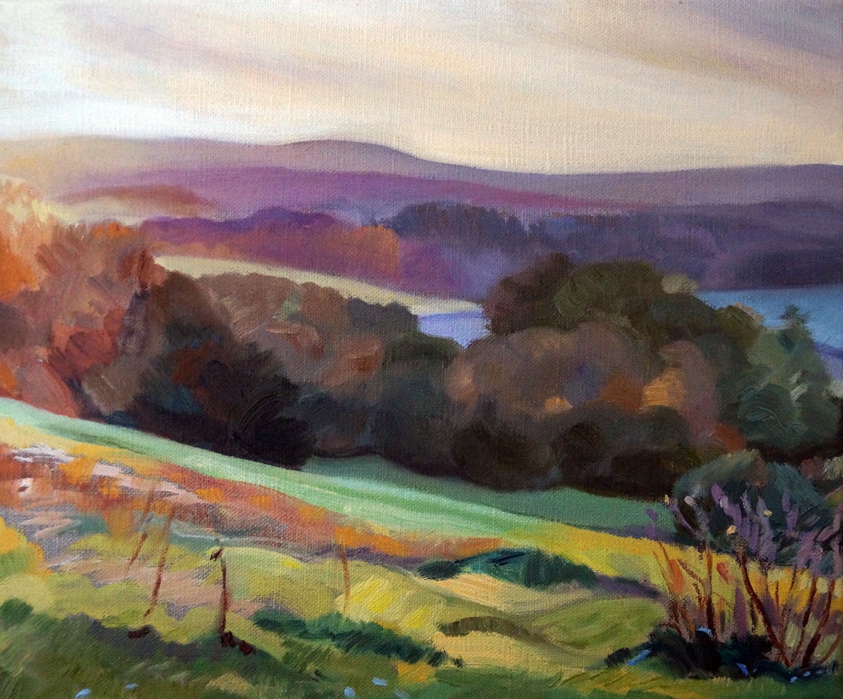 Original oil painting for sale - newlands corner, Surrey. Colours pink, purple, green, yellow.