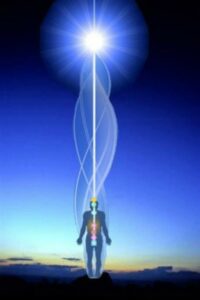 Spiritual Awakening - connection with your higher self - illustration of human form with the chakras connected to the higher consciousness via the crown chakra.