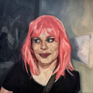 Contemporary portrait in oils - a smiling young woman wearing a pink wig.
