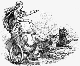 Who is Freya? Black and White drawing of the Norse Goddess, Freya, in a chariot being drawn by two cats.