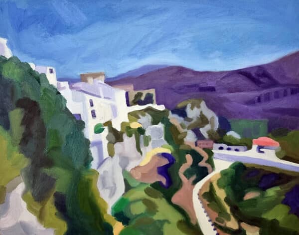 Original landscape oil painting: the outside of Almeria's city walls in Spain, purple mountain in the background.
