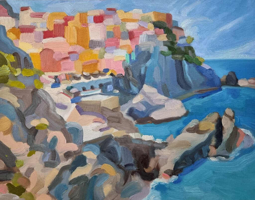 Original oil painting - painting of Cinque Terre in Italy, brightly coloured houses above a harbour and the sea.