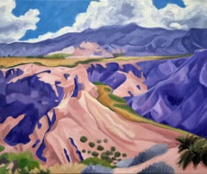 Original Landscape Oil Painting - painting of the Tabernas Desert in Spain with purple and pink mountains and a cloudy sky.