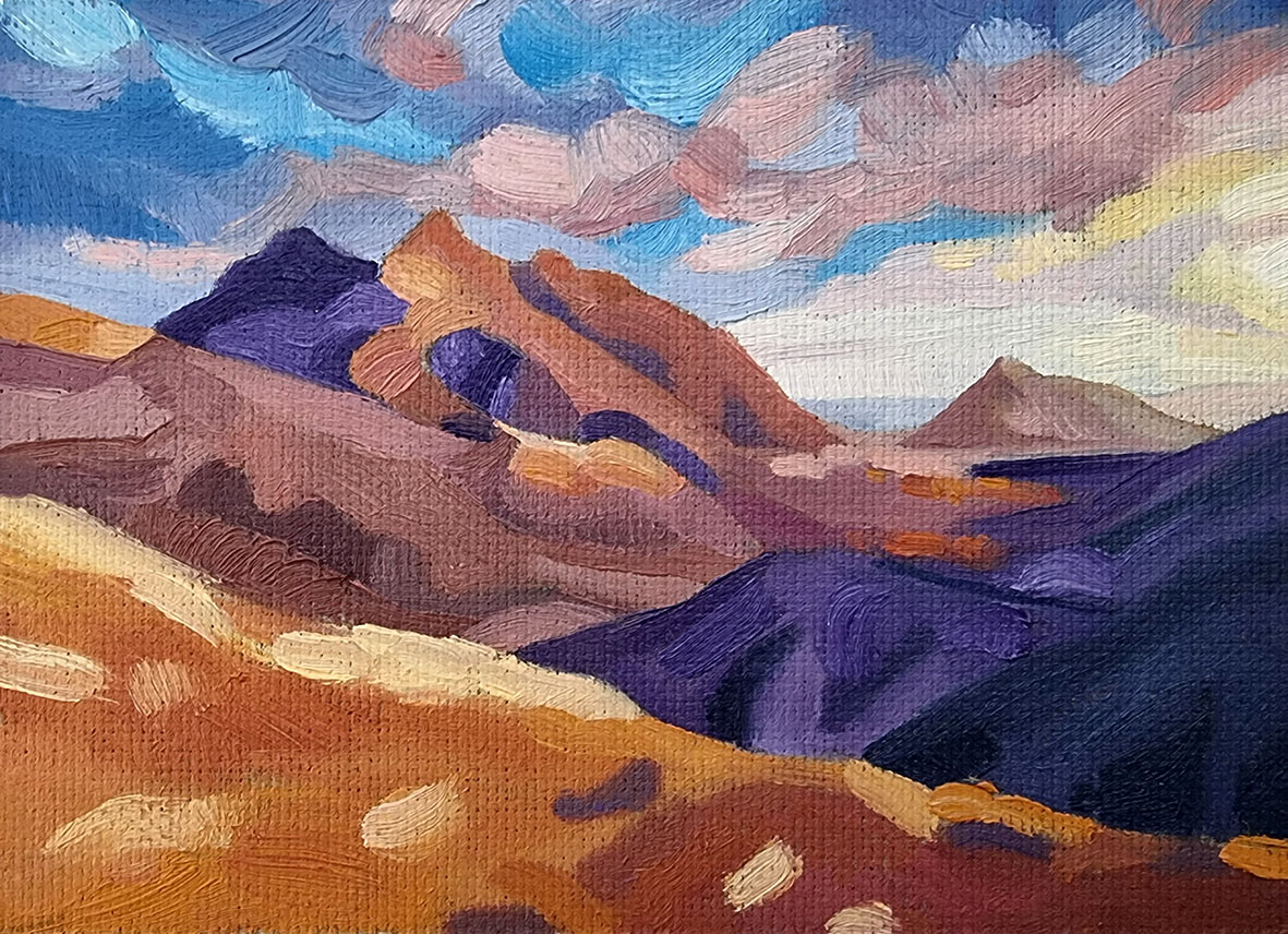 Original landscape oil painting - orangey red desert in foreground with pink, red and purple mountains in the background.