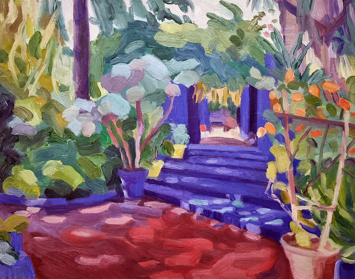 Original oil painting landscape - brightly coloured garden courtyard with red floor and blue steps with dappled sunlight. Plants are all around.