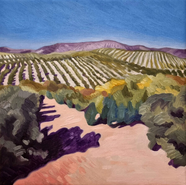 Original landscape oil painting - view across olive groves with a bright pink foreground, purple mountains in the distance and a deep blue sky.