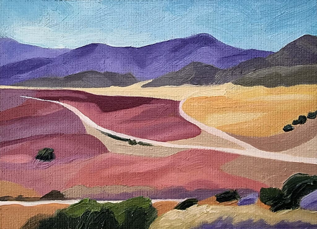 Original landscape oil painting: forked road cutting across yellow and red plains, with purple mountains in the background.