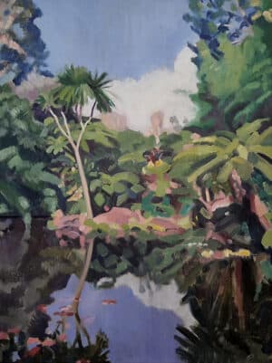 original oil painting - image of a tropical garden with the sky and trees reflected in a pool of water.