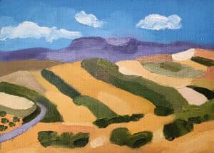 Original landscape oil painting - yellow and green striped fields with purple mountains in the distance.
