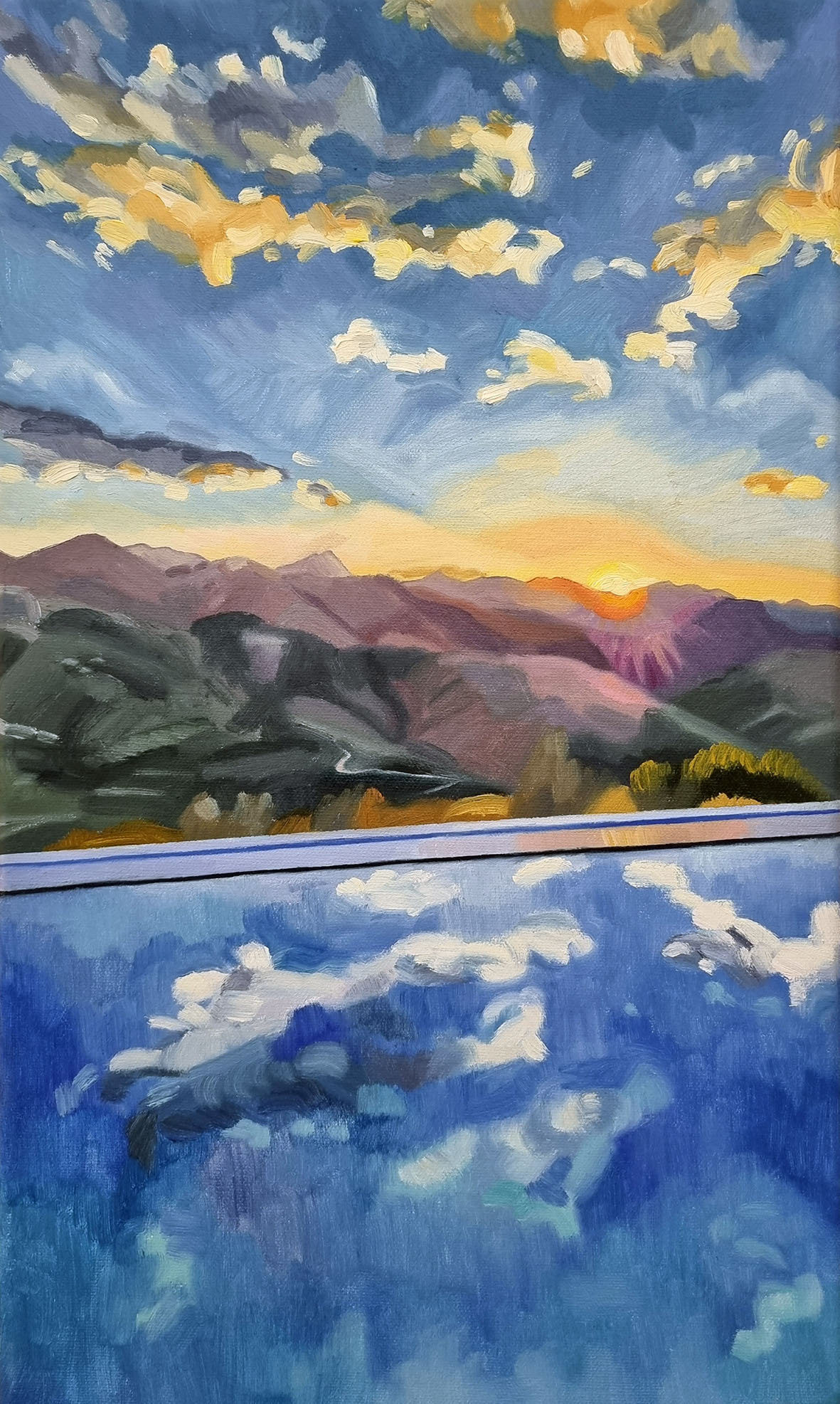Original landscape oil painting - bottom half of the painting is swimming pool with cloud reflections, with mountains and sky in the distance and a bright orange sun rising.