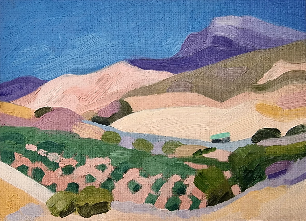 Original landscape oil painting- green and pink olive grove in the foreground with pink and purple mountains in the distance.