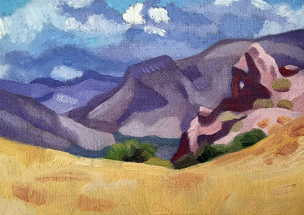 Original landscape painting - yellow field in foreground with a large red and pink rock on the right and purple mountains in the distance.