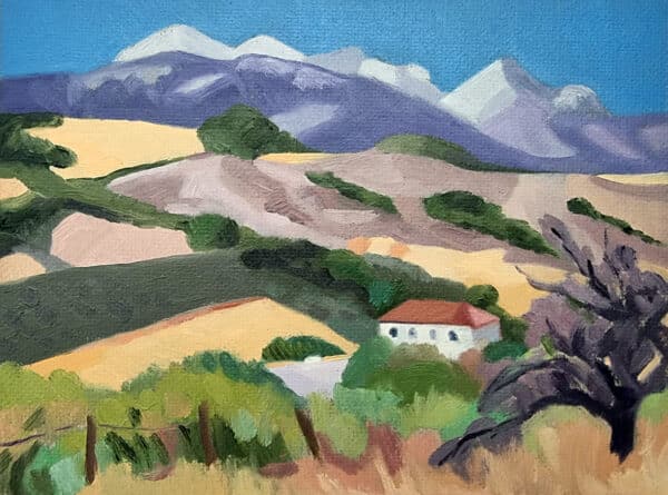 Original landscape painting in oils - scene of a white house with a red roof nestled in countryside with mountains in the background.