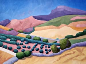 colourful, semi-abstract landscape of olive groves in andalucia with mountains in the background. Colours: green, pink, yellow, purple.