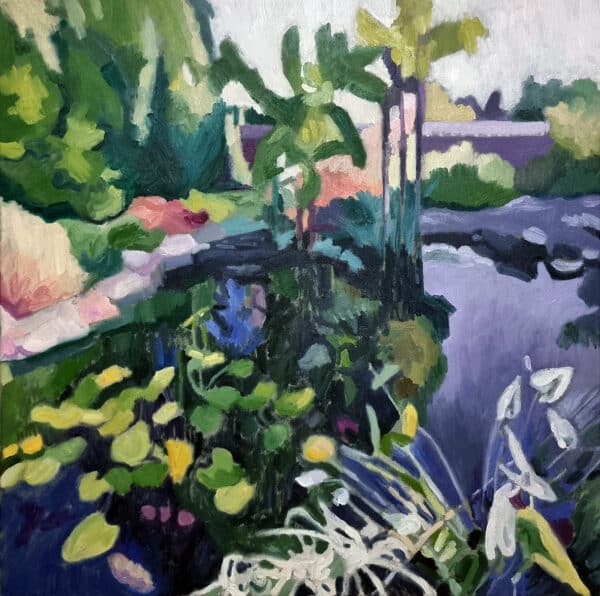 Original landscape oil painting - large pond with waterlilies and reflections in foreground with tropical trees and plants in background.