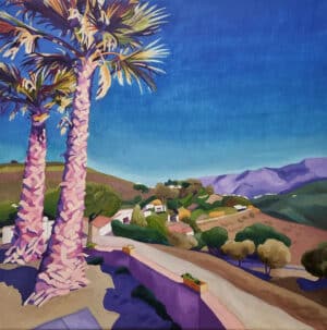 original acrylic landscape painting - colourful scene with 2 palm trees in the foreground painted in pinks and yellows, and with a colourful mountainous landscape in the background.