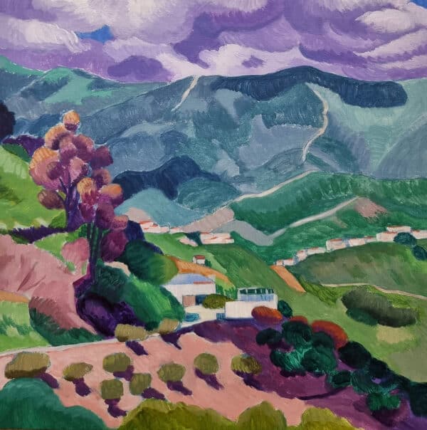 Original landscape painting in acrylics - colourful view down into a valley with a white house in the mid ground and mountains and clouds in the distance.
