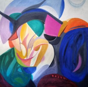 Colourful abstract painting in oils, all the colours of the rainbow.