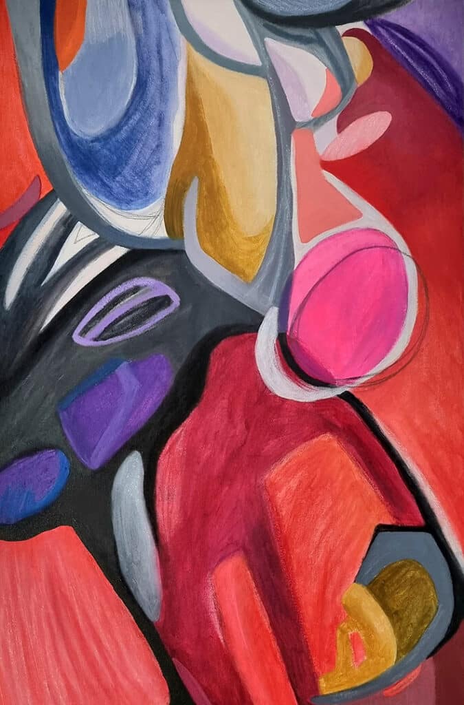 Roots - SALE £250 - Oil and Acrylic on Canvas - 60x40cm - AVAILABLE Colourful abstract painting in reds, pink, purple.