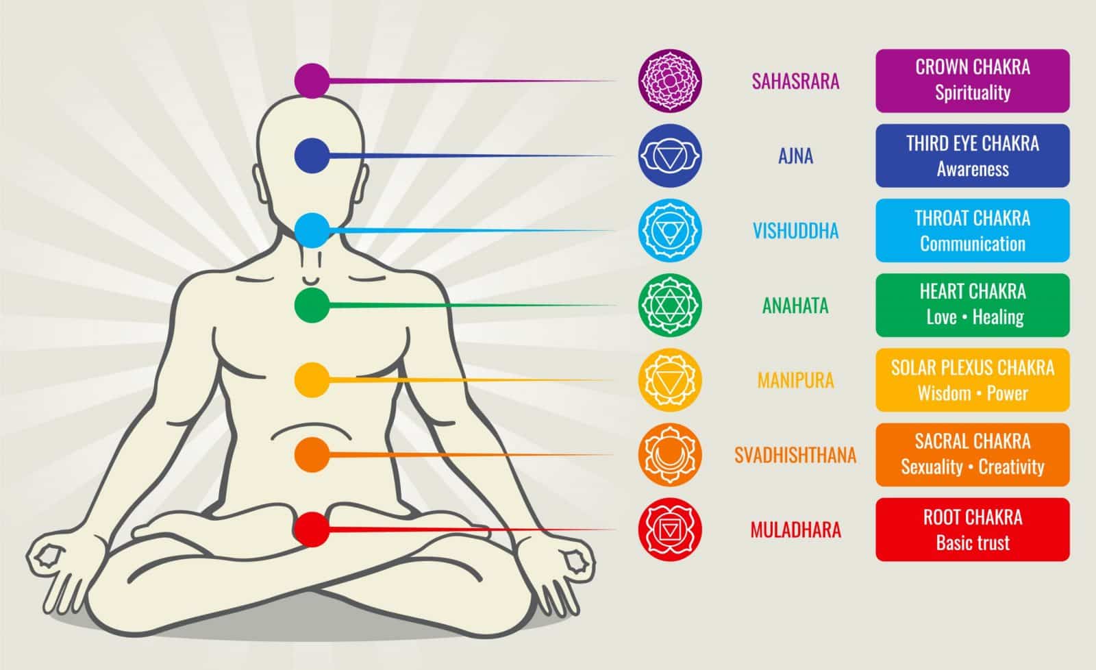 Illustration of the seven main chakras in the human body.