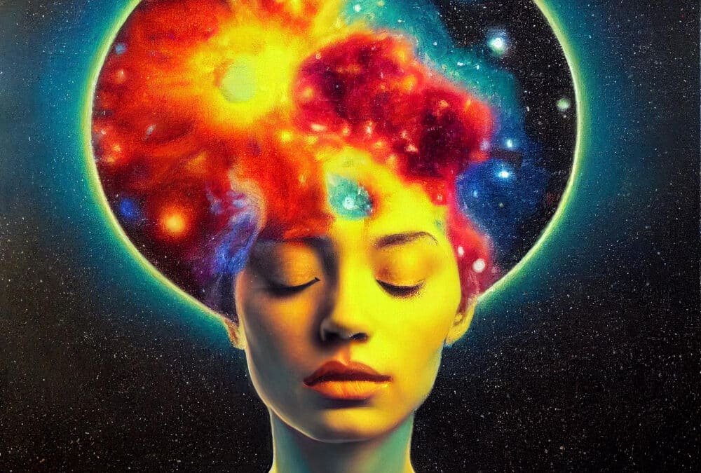 Transcendence: an illustration of a woman with the universe as her mind.