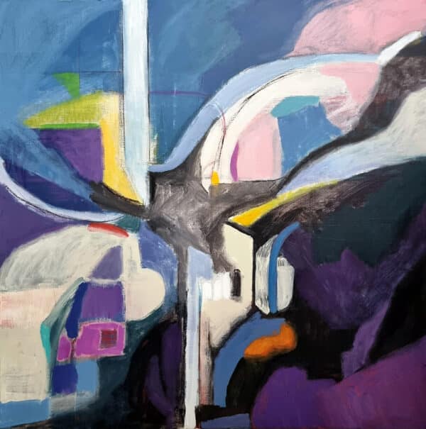 Abstract cityscape painting with blue, purple, black, pink and yellow colours.