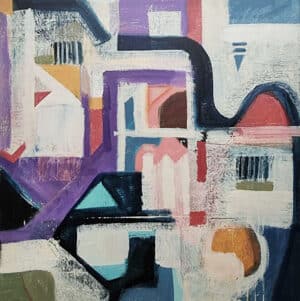 Bright colorful abstract art - abstract painting with white, indigo, purple, red, green and yellow.