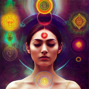 Having an awakening: woman surrounded by the light of each of the chakras.