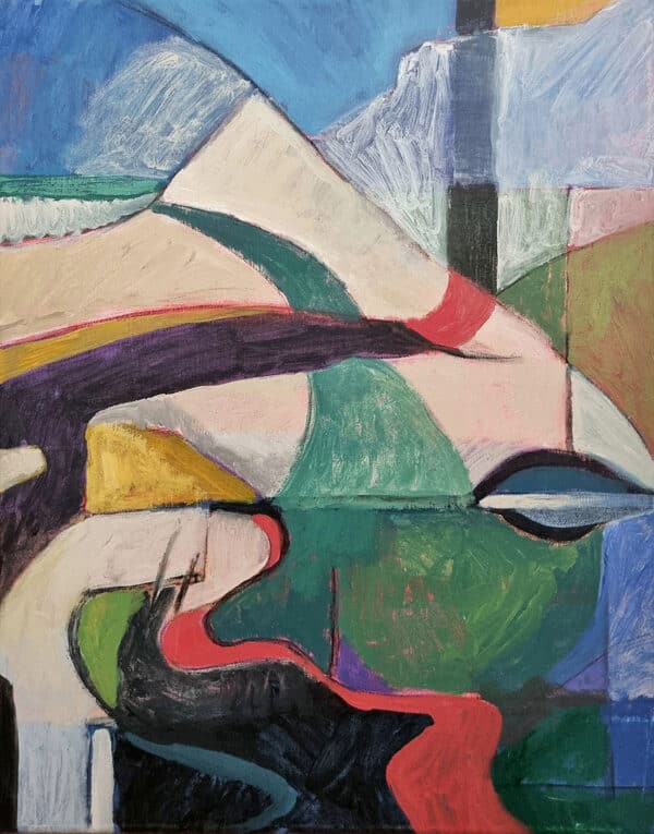 Abstract art landscape in black, red, green, blue, yellow and cream.