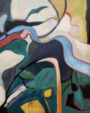 Abstract Landscape Wall art in greys, greens, yellows, blues and reds.