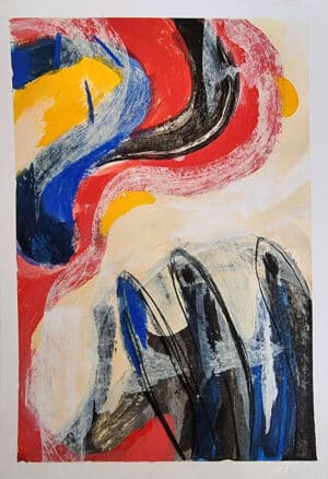 Red blue and yellow art - abstract composition in red, blue, yellow, black and cream.