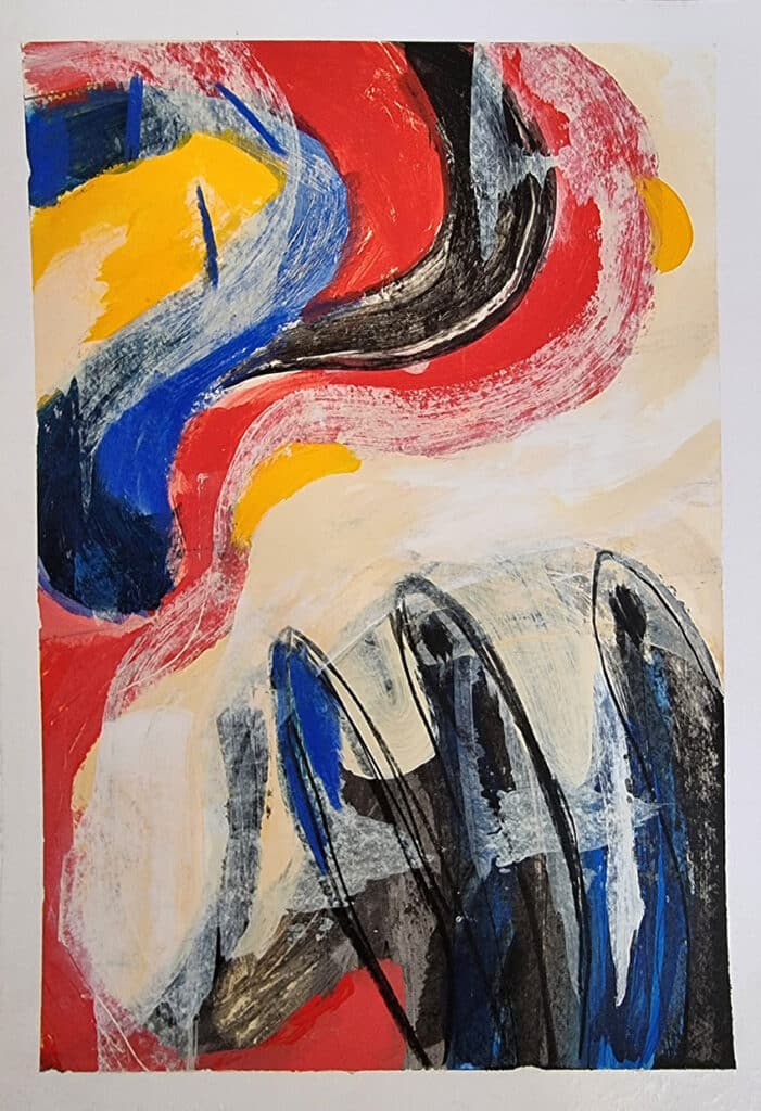 'Sardines' - SALE £45 - acrylic on paper - 42x30cm Red blue and yellow art - abstract composition in red, blue, yellow, black and cream.