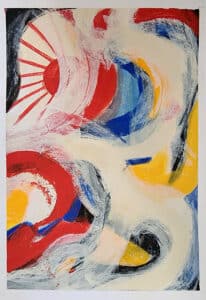 Yellow, red, blue art - abstract composition in yellow, red, and blue with cream and black.