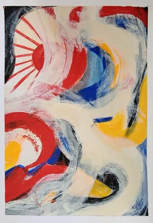Yellow, red, blue art - abstract composition in yellow, red, and blue with cream and black.