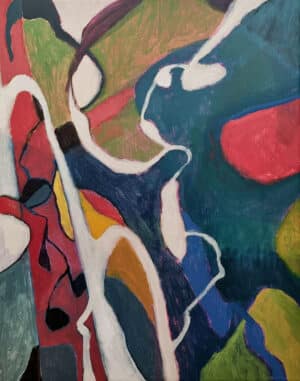 Colorful abstract landscape paintings - flowing abstract in greens blues, reds and yellows.