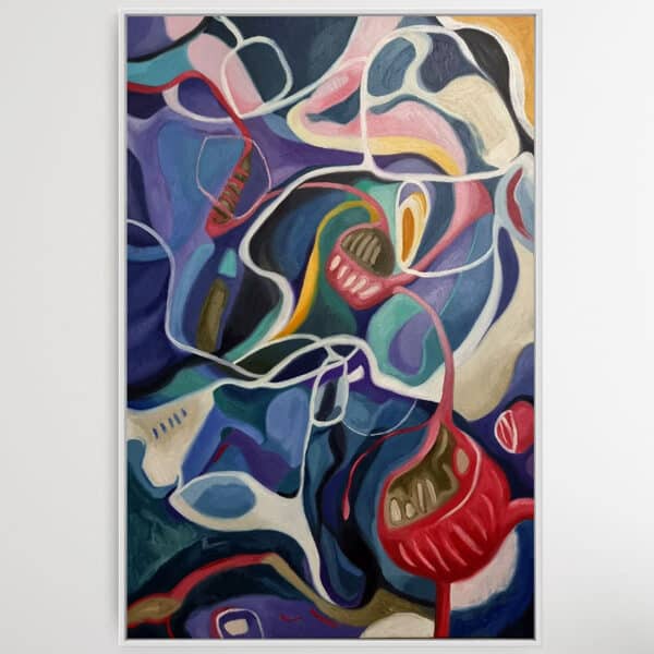 Colorful abstract painting in blue, purple, green, red, yellow, pink and white.