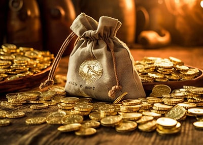 Council of Light - Mammon: bag of gold coins on a table.
