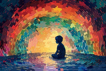 How to start your spiritual journey: image of child sitting in a crystal rainbow cave.