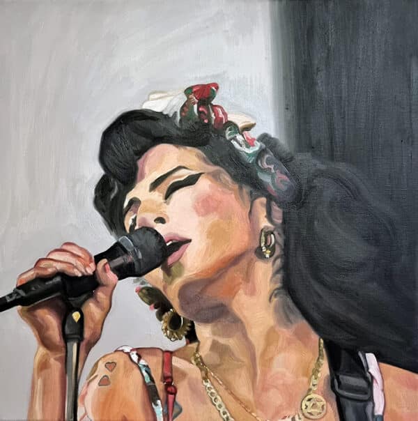 Amy Winehouse painting: image of original oil painting of Amy Winehouse singing with eyes closed.