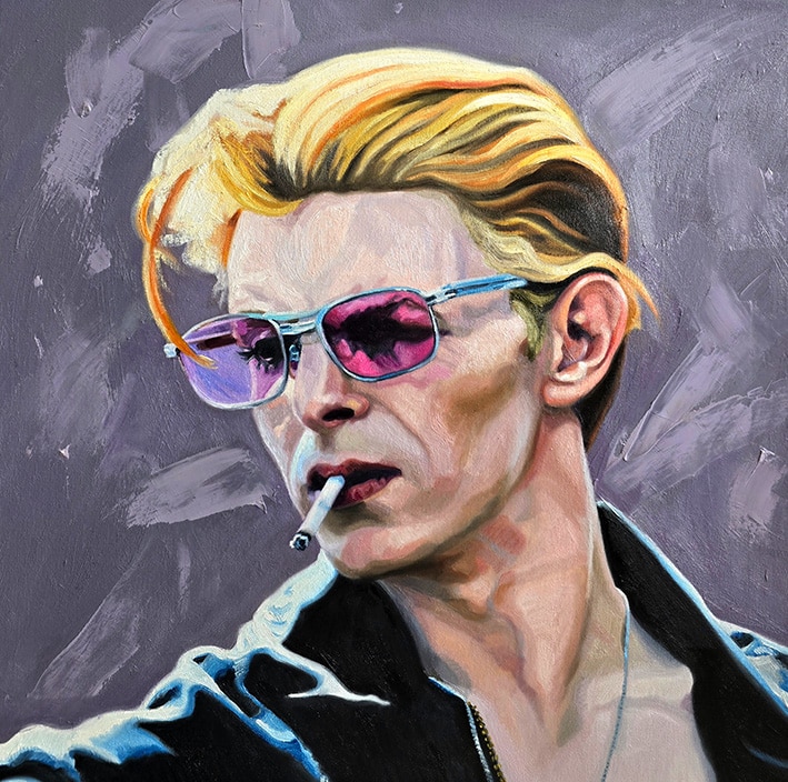 David Bowie - SALE £295 - Oil on Canvas - 60x60m - AVAILABLE David Bowie Art: oil painting of David Bowie with yellow and orange hair, pinik sunglasses, and a cigarette in his mouth.