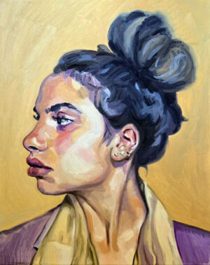Contemporary portrait in oils: young woman in profile with dark hair in a bun, and five earrings in her ear.