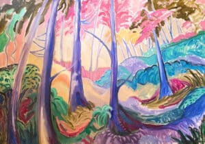 A coloutful semi-abstract oil painting of a woodland scene with five trees.