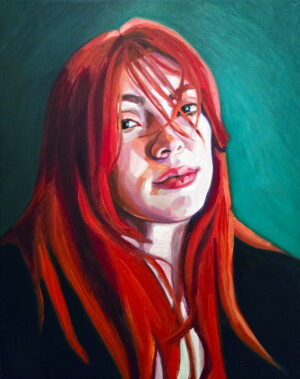 Contemporary portrait in oils: young woman with vivid read hair against an emerald green background.
