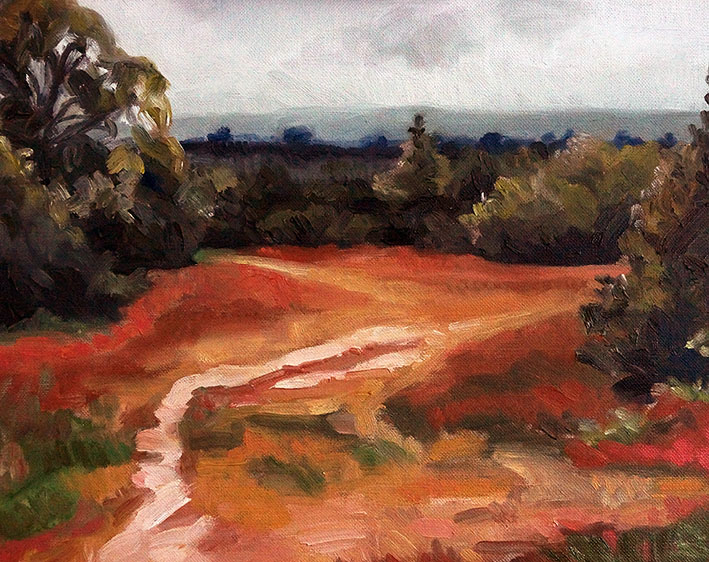 Ludshott Common, Grey Day - SALE £95 - Oil on Linen Board - 30x24cm - AVAILABLE Oil Painting landscape: scene of a rolling common painted in oranges and reds, under a grey sky.